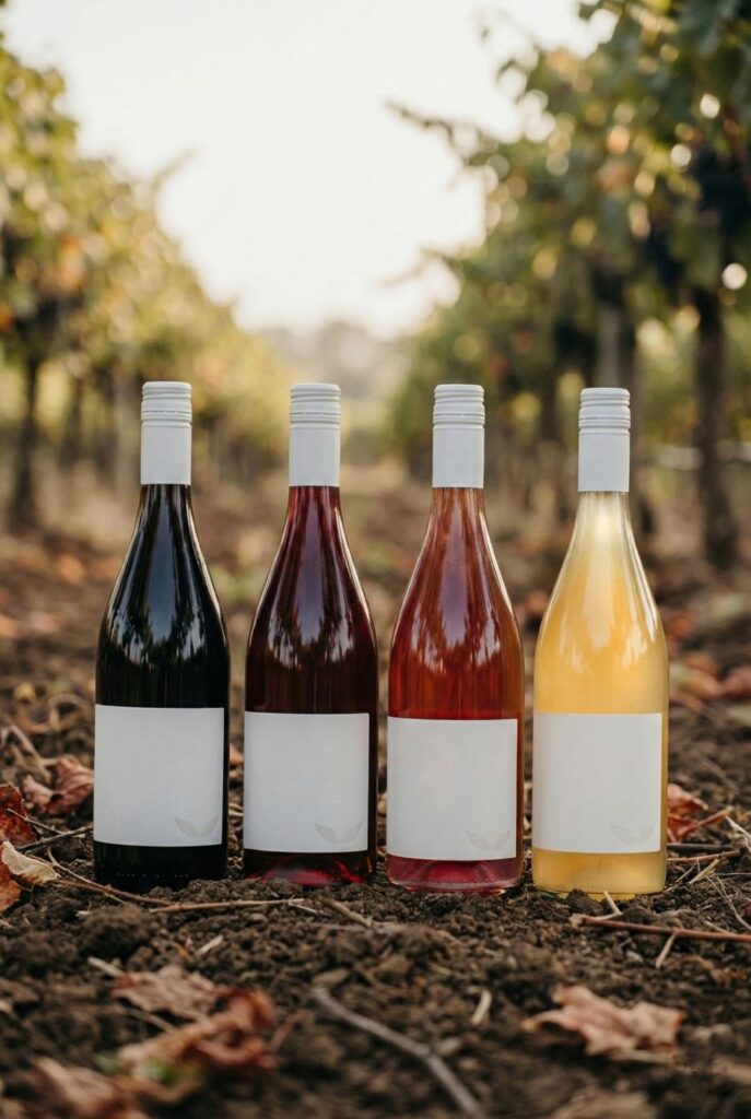 Botellas de vino Guardianes con la etiqueta en blanco en el viñedo
